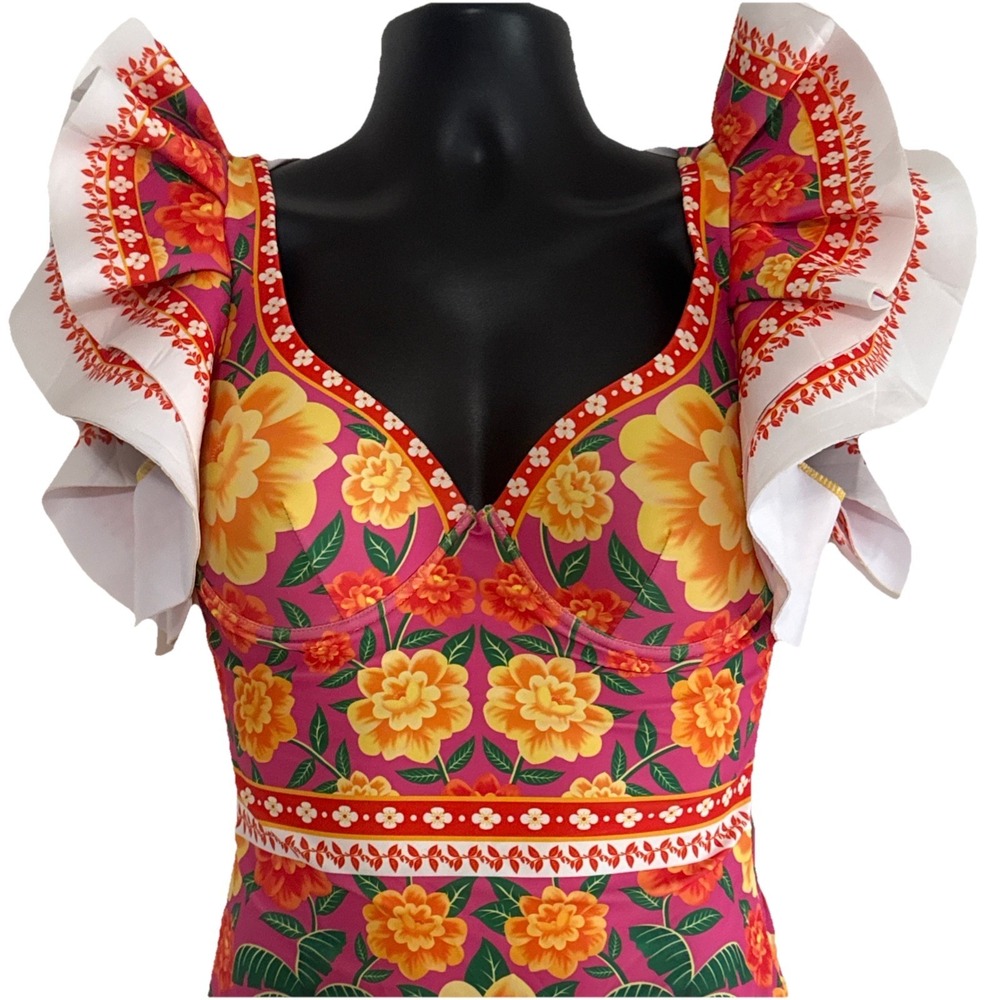 Flawmaker Ruffled Floral Vibrant Colors One Piece Swimsuit No Size See Measure - Picture 2 of 12
